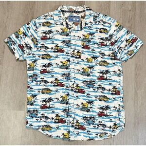 Huntington Button Down Hawaiian Shirt Men Size Large Classic Cars Tropical Beach